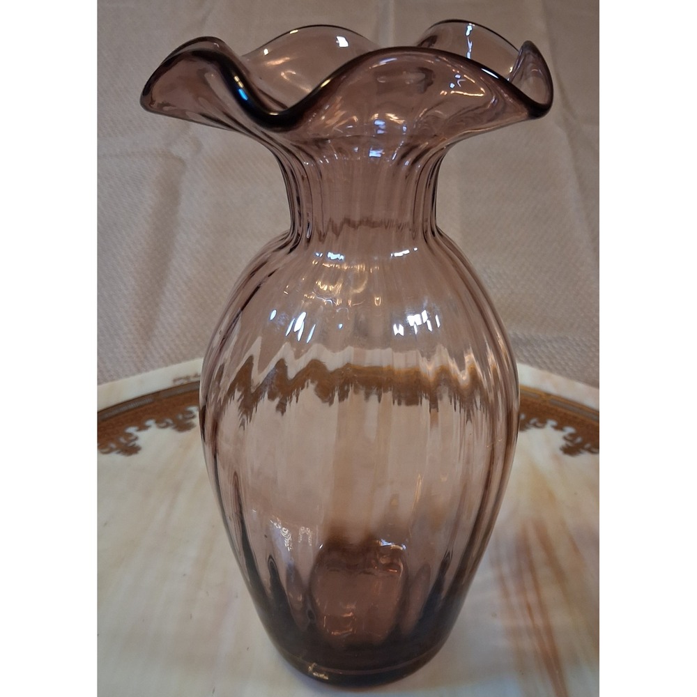Vintage Amethyst Purple Glass Vase Ruffled Rim Optic Ribbed Design 8 Inch
